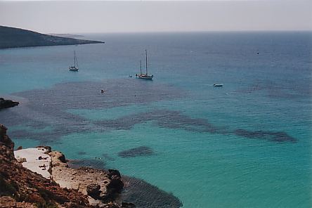 Guardando a  sinistra si vede il mare di fronte alla Tabaccara, una costa scoscesa accessibile solo in barca.